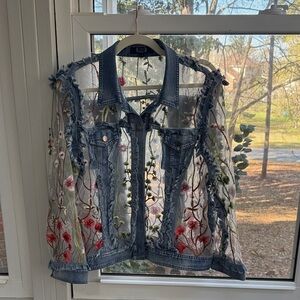 A.Z.I. New York Floral Embroidered Sheer Distressed Jean Jacket Size L
